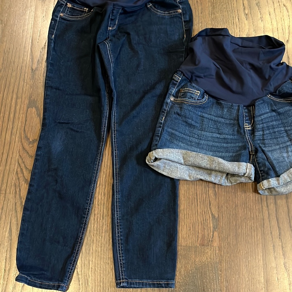 2 items Dark indigo maternity jeans and denim shorts size M. Almost new